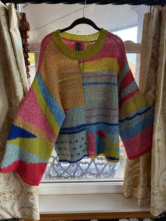 Aratta Silent Journey Sweaters - Aratta Sweater Multicolor Patchwork Crewneck Sweater in Pink, Blue & Yellow